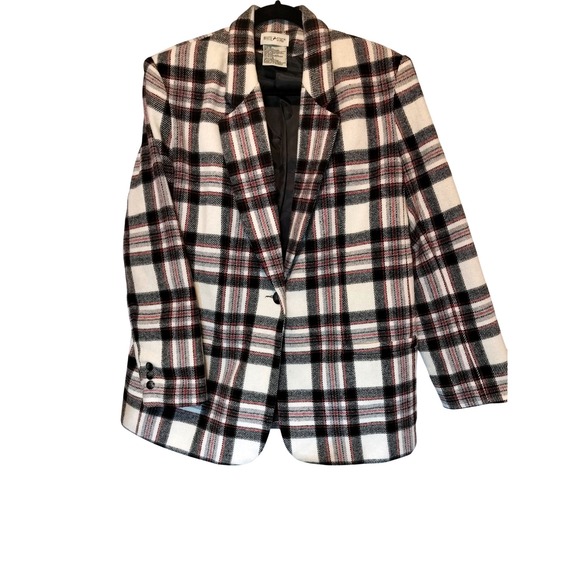 White Stag Jackets & Blazers - VTG White Stag Women's Size 12 Plaid Wool‎ Blend Blazer Black Red Cream Color